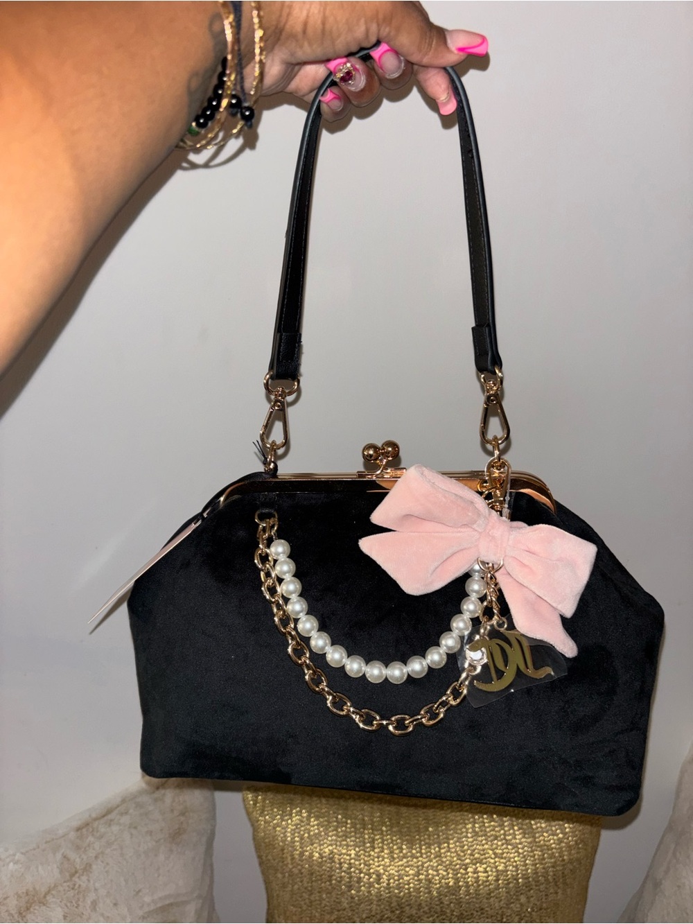 Juicy Couture Black Velvet Shoulder Bag with Pink Charm - Picture 7 of 7